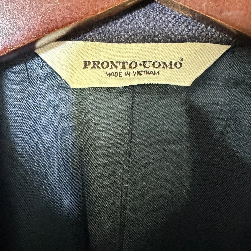 Pronto Uomo Blazer Jacket Men 46R Navy Checkered Lambswool Sport Coat Two Button